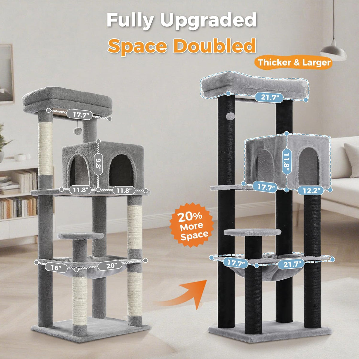 Large Cat Tree with Reinforced Scratching Posts (φ3.1in) for Big Adult Cats 30 lbs, 57.8" Heavy