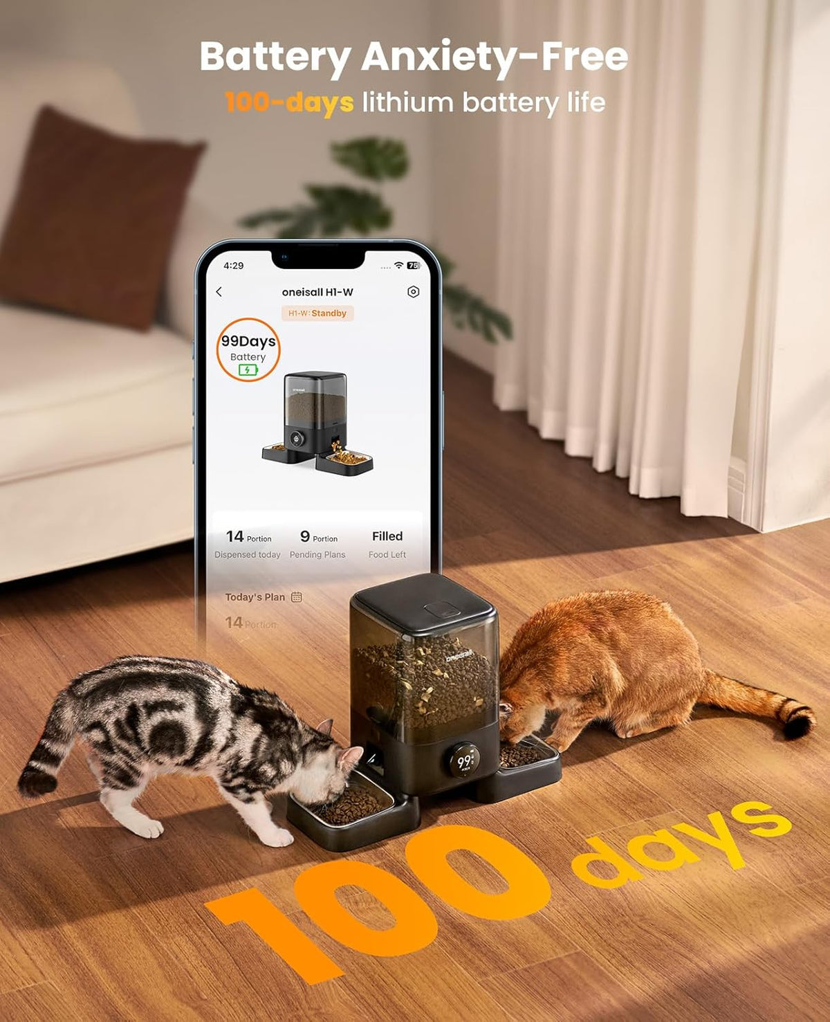 oneisall Wireless WiFi Automatic Cat Feeders 2 Cat, Rechargeable 100-Day Battery Operated Timed