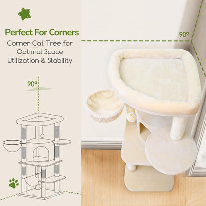 Globlazer Corner Cat Tree, 51in Curved Series Modern Cat Tower for Indoor Cats with Hammock, 7