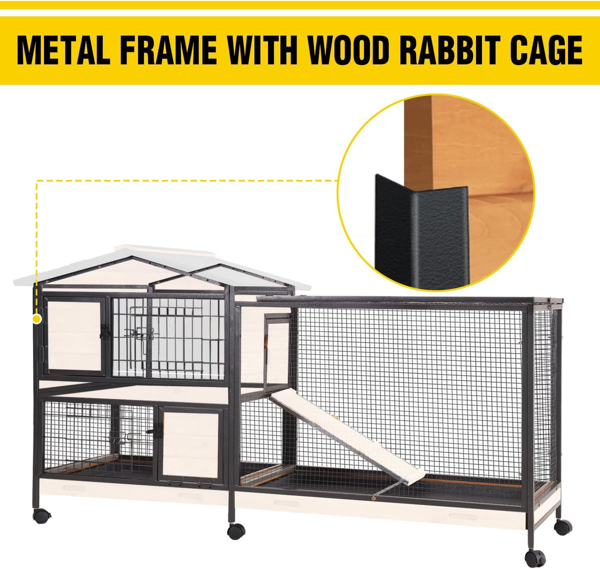 AIVITUVIN Rabbit Hutch Indoor with Metal Frame Rabbit Cage with Pull Out Tray No Leakage Bunny Cage