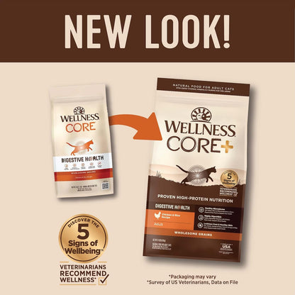 Wellness CORE+ Adult Dry Cat Food for Indoor and Outdoor Cats, Wholesome Grains, Natural, Digestive