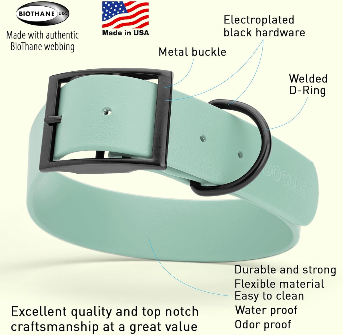 Dogline Biothane Waterproof Dog Collar Strong Coated Nylon Webbing with Black Hardware Odor- Proof