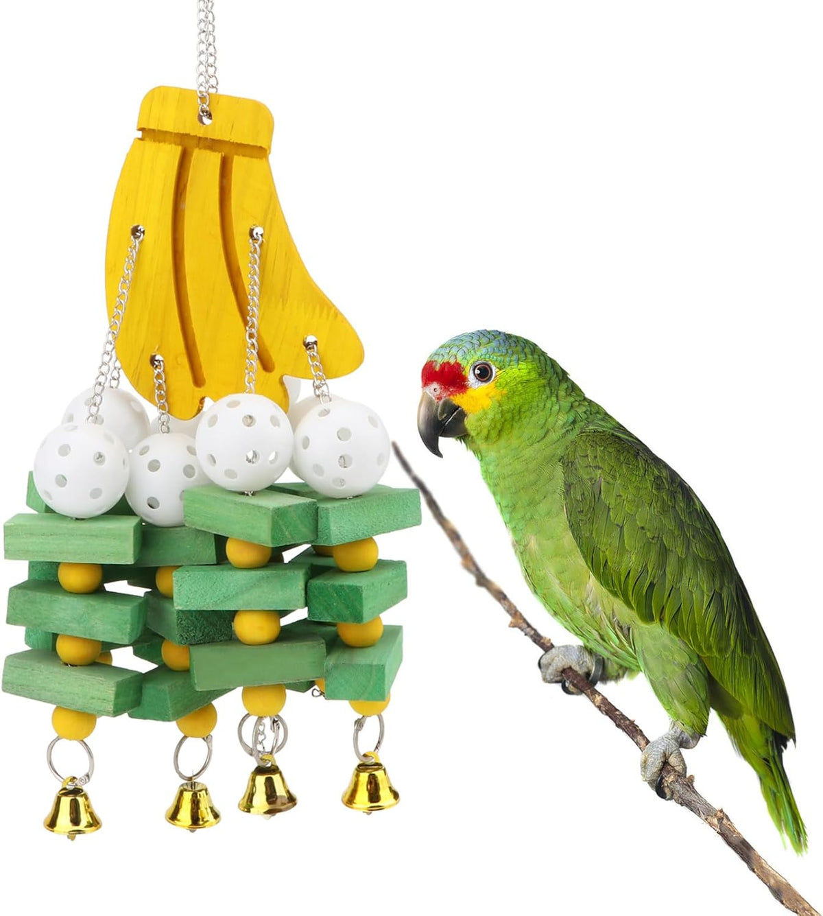 Hypeety Large Parrot Hanging Swing Toy Bells Chew Toy Colorful Hanging Wood Block Parrot Macaw