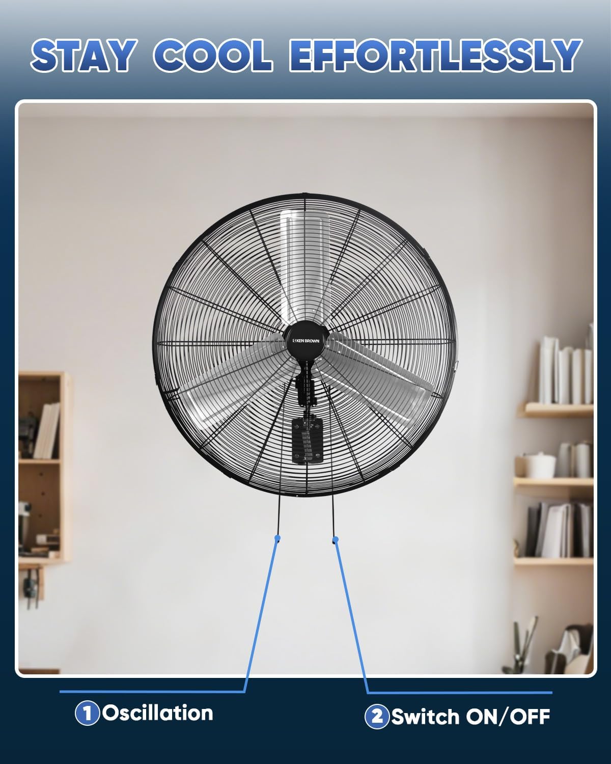 KEN BROWN 30 Inch Industrial Oscillating Wall Mount Fan - 7497 CFM High Velocity, Heavy Duty Metal
