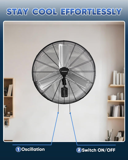 KEN BROWN 30 Inch Industrial Oscillating Wall Mount Fan - 7497 CFM High Velocity, Heavy Duty Metal