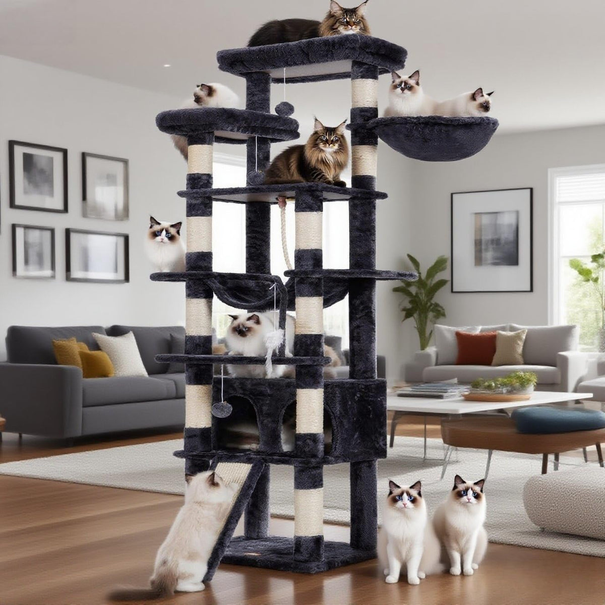 Heybly Tall Cat Tree, 78-inch Multi-Level Cat Tower for Indoor Cats, 2 Widened Plush Perches Cat