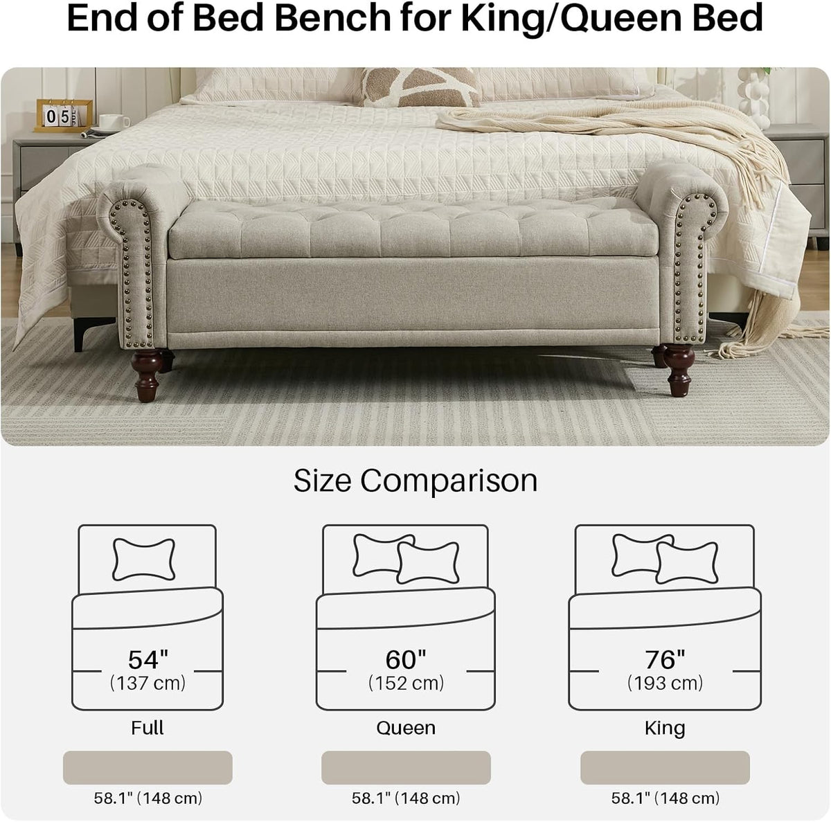 58.1'' Storage Bench Upholstered Linen End of Bedroom Bed Bench Ottoman with Tufted Cushioned