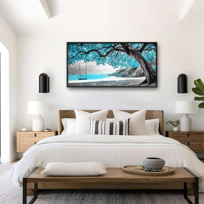Extra Large Framed Abstract Tree Wall Art,Black and White Tree of Life Wall Decor,Blue Teal Sea