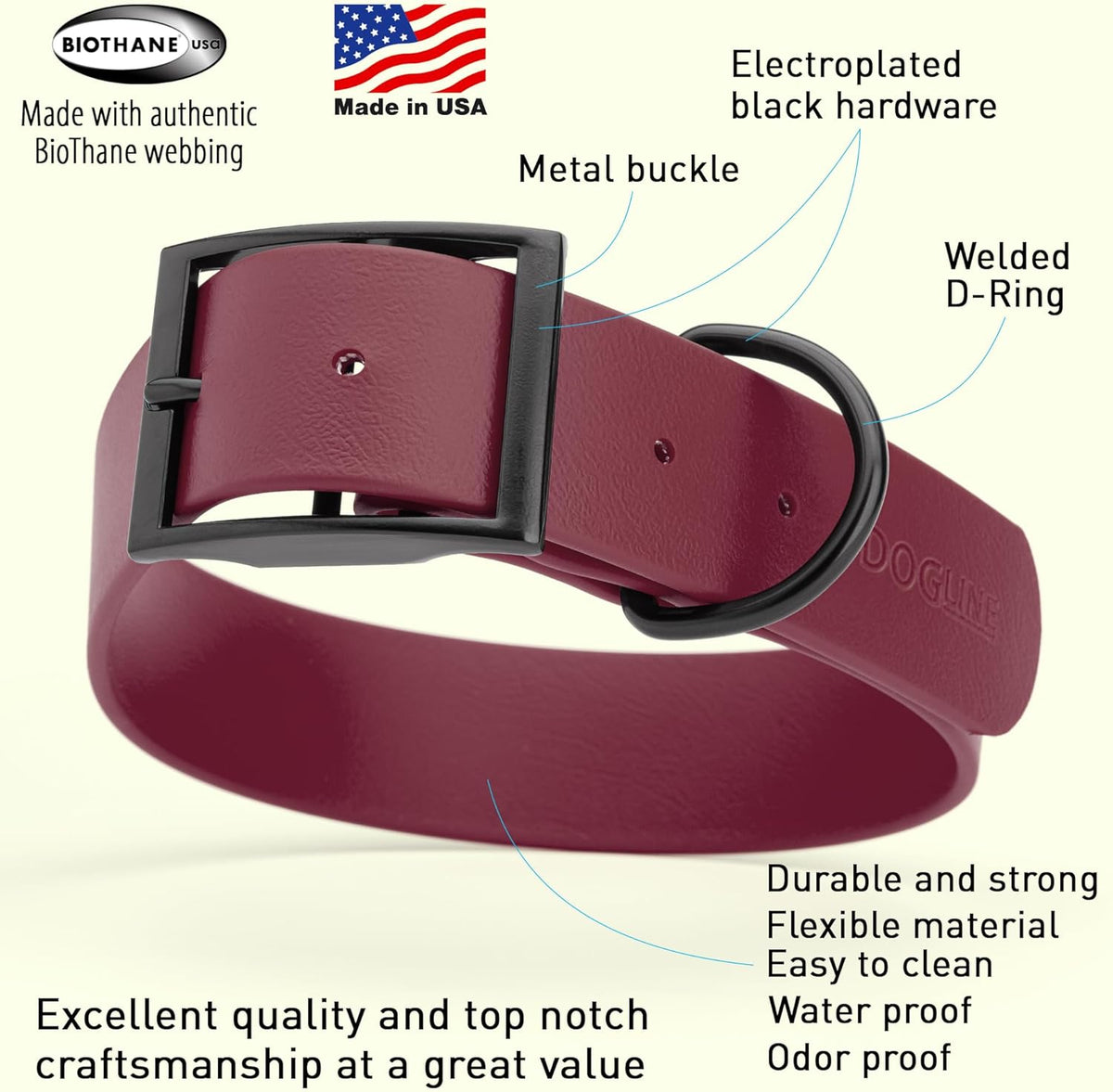 Dogline Biothane Waterproof Dog Collar Strong Coated Nylon Webbing with Black Hardware Odor- Proof