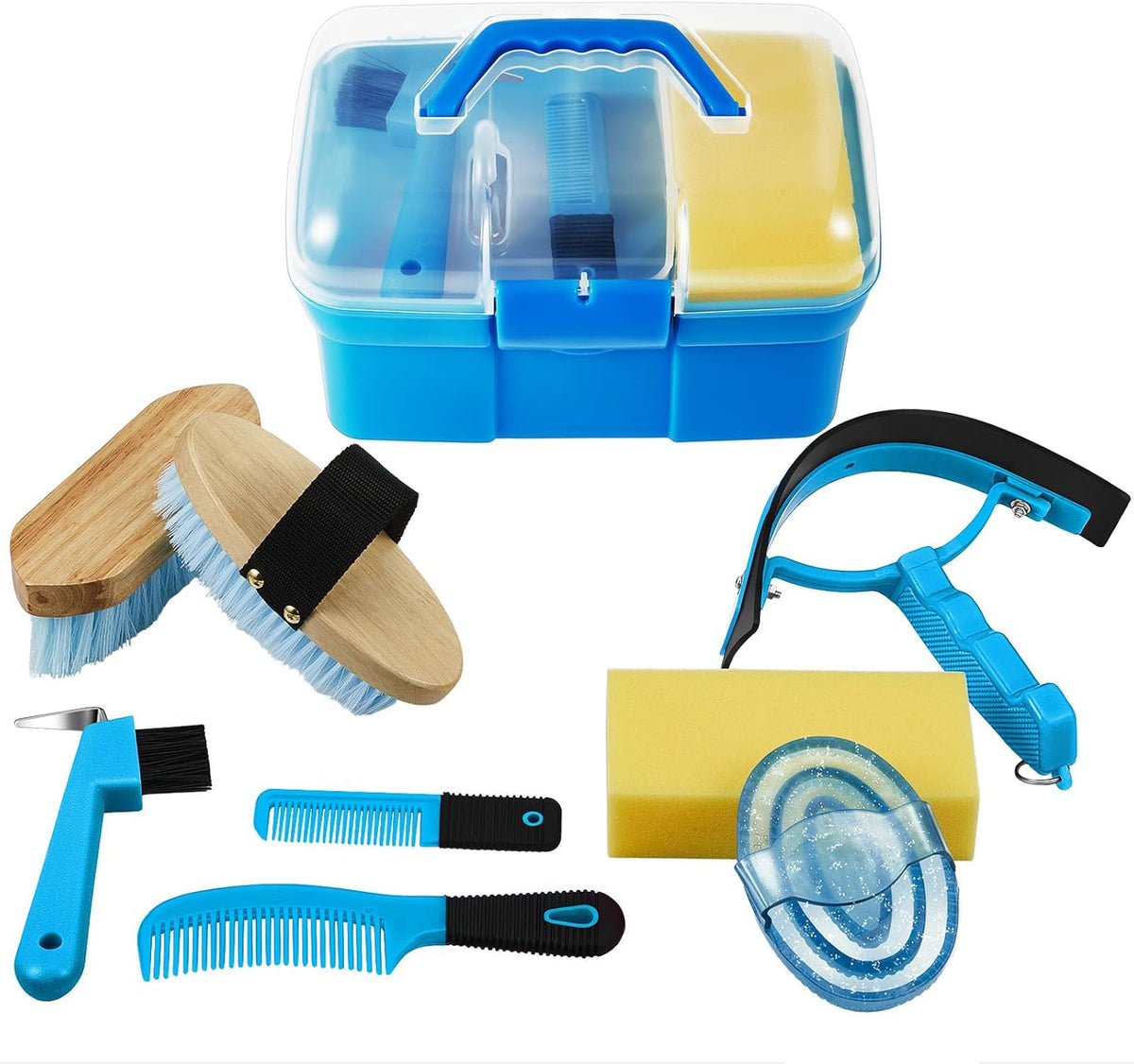 Cunhill 9 Pieces Horse Grooming Kit Tack Room Supplies Set with Organizer Tote Box, Oval Massage