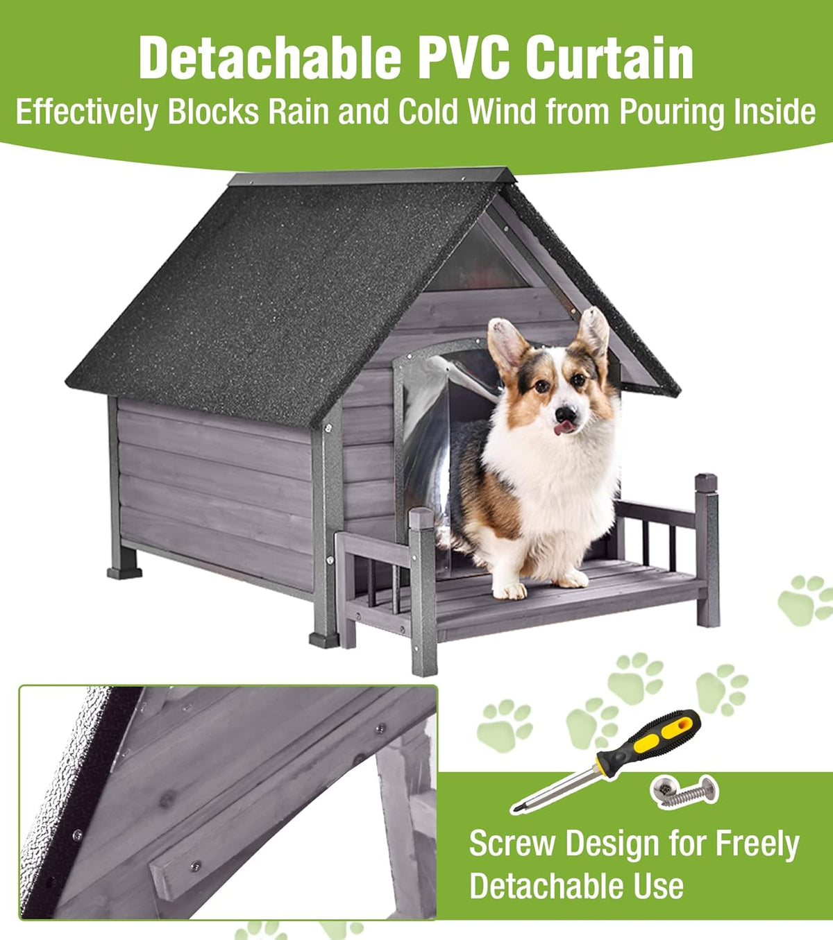 GUTINNEEN Dog House Outdoor Weatherproof with Porch, Puppy Shelter Indoor with Anti-Bite Design