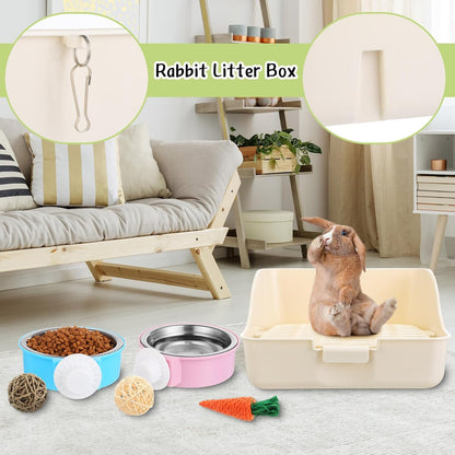 15 Pcs Rabbit Starter Kit Small Rabbit Litter Box Animal Grooming Kit Bunny Toys Bowl Blankets with