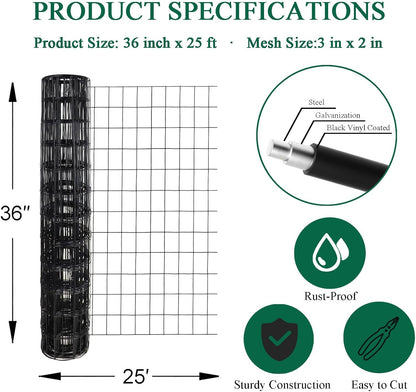 Black PVC Coated Welded Wire Fence 36 Inch x 25 Foot, 2 Inch x 3 Inch 16GA, Garden Border Fencing