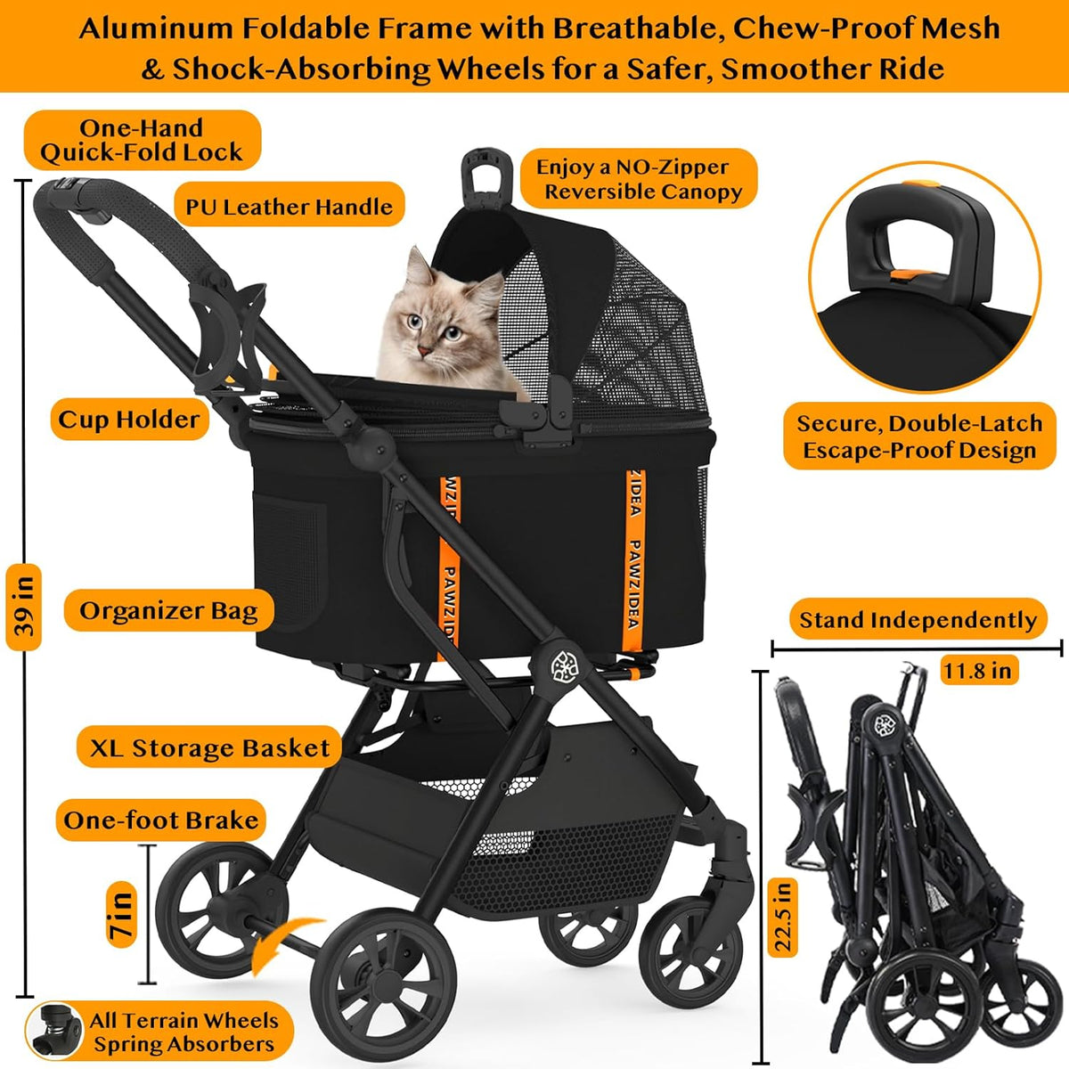 PAWZIDEA Pet Stroller 4 in 1, Dog Strollers for Small/Medium Dogs/Cats with Detachable Carrier