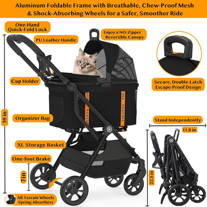 PAWZIDEA Pet Stroller 4 in 1, Dog Strollers for Small/Medium Dogs/Cats with Detachable Carrier