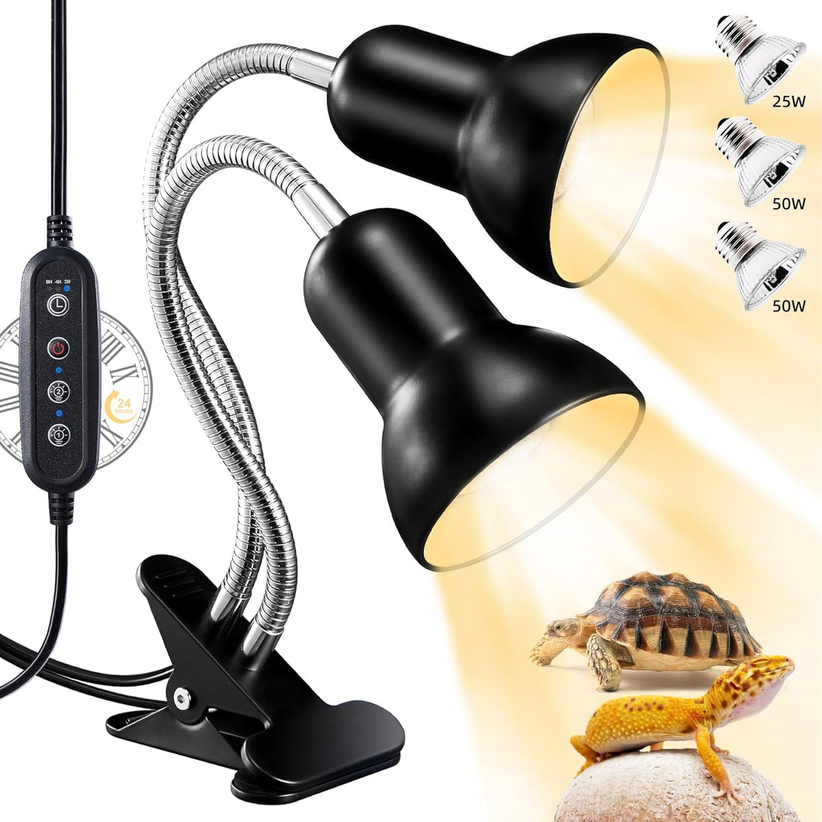 Reptile Heat Lamp, Turtle Lamp with Cycle Timer,Dual-Head UVA UVB, Heat Lamp for Lizard