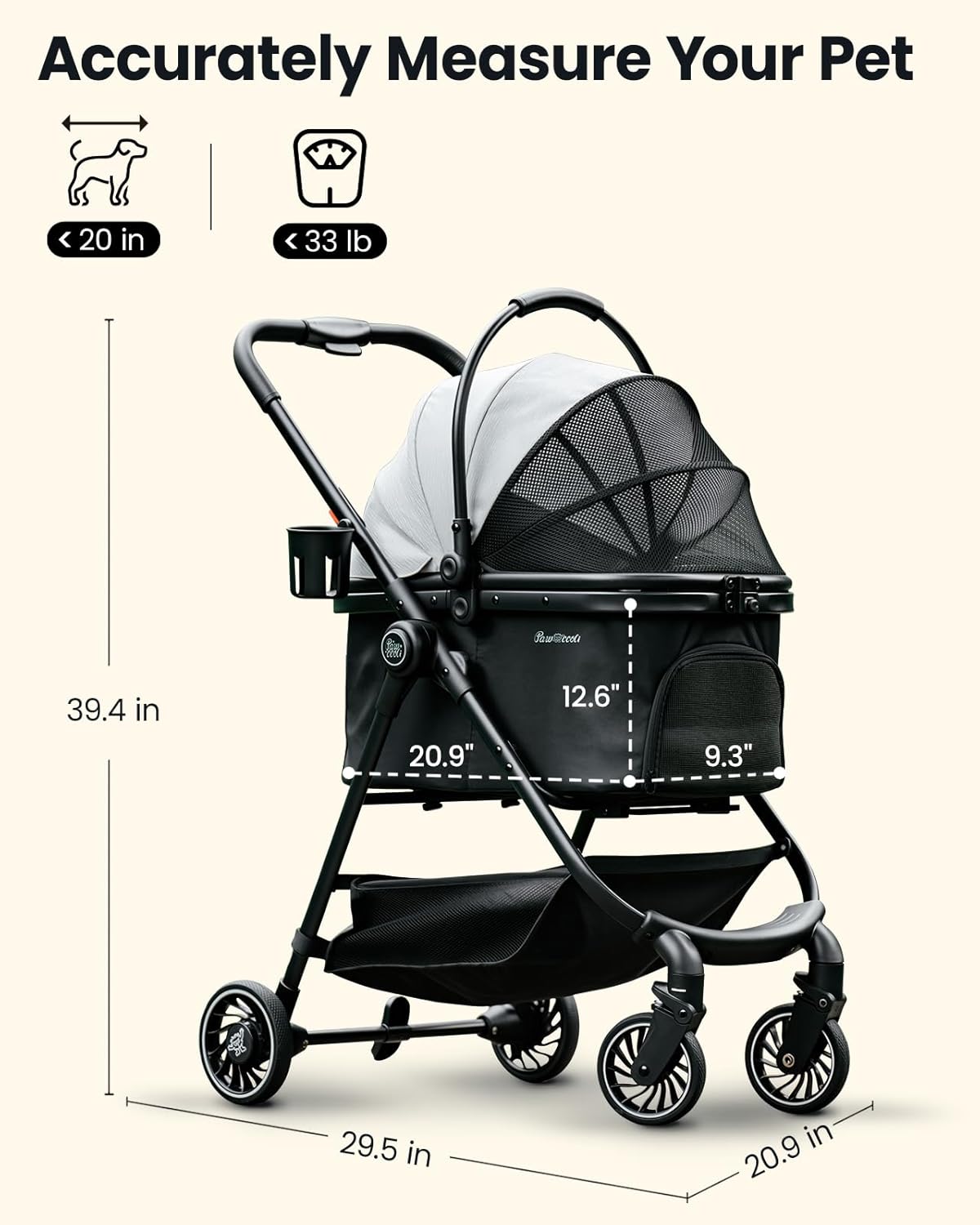Pet Stroller for Small Dogs and Cats, One-Click Foldable Dog Stroller with Detachable Carrier & 3