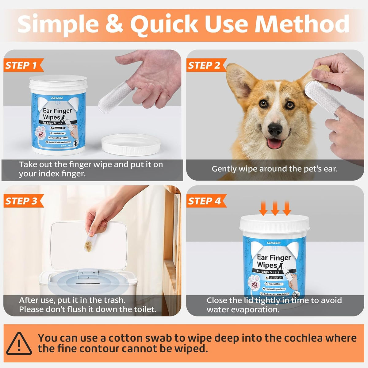 OBSEDE Dog & Cat Ear Wipes, Finger Sleeve Design for Gentle Wax & Dirt Reduce, Odor Control, Fresh