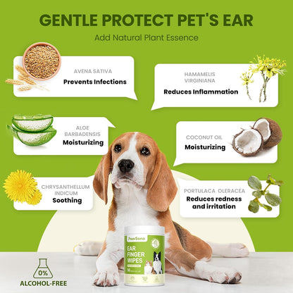 Dog Ear Finger Wipes for Dogs & Cats, Thicker Dog Ear Cat Ear Cleaner Wipes, Natural Relief Dog Ear