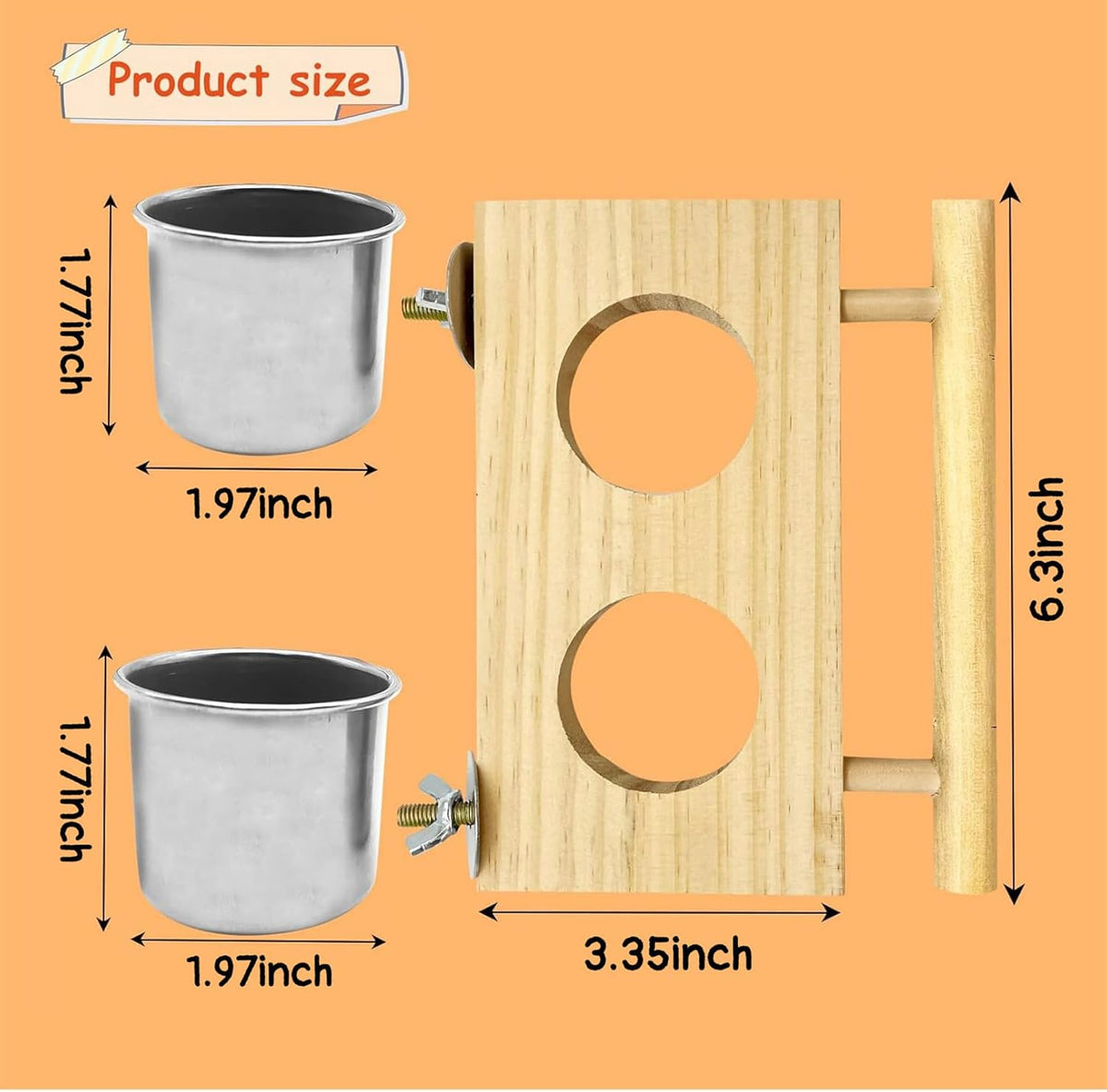 Tfwadmx Bird Feeding Dish Cups with Wooden Platform Hanging Stainless Steel Parrot Cage Feeder Bowl