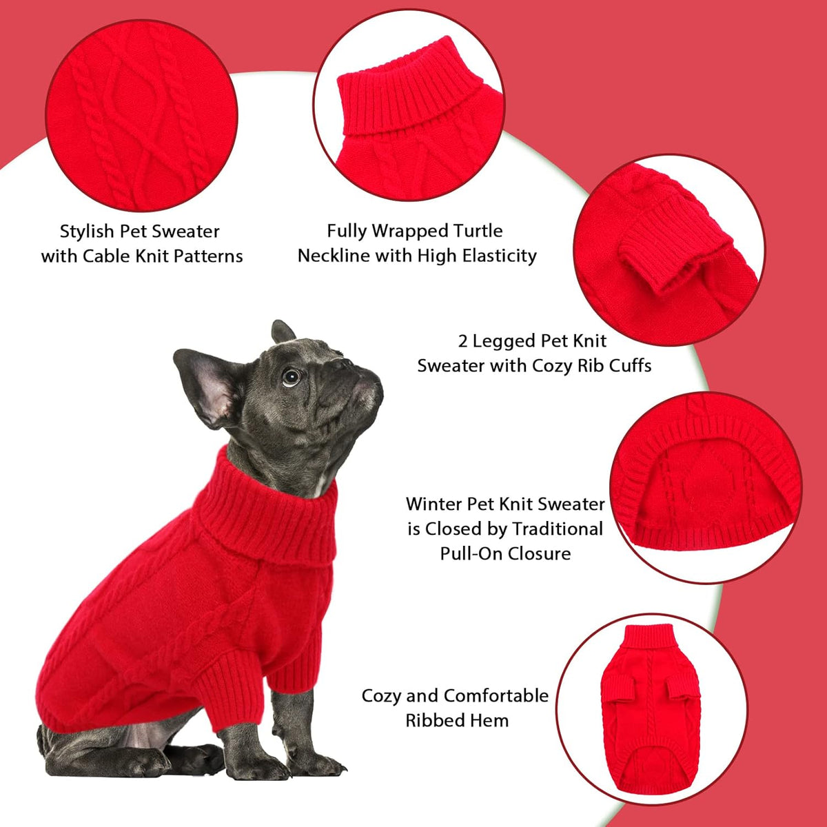 Queenmore Small Dog Pullover Sweater, Cold Weather Cable Knitwear, Classic Turtleneck Thick Warm