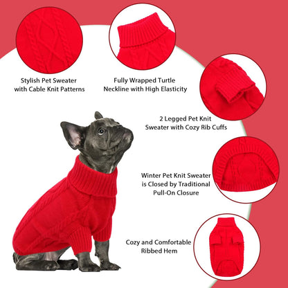 Queenmore Small Dog Pullover Sweater, Cold Weather Cable Knitwear, Classic Turtleneck Thick Warm
