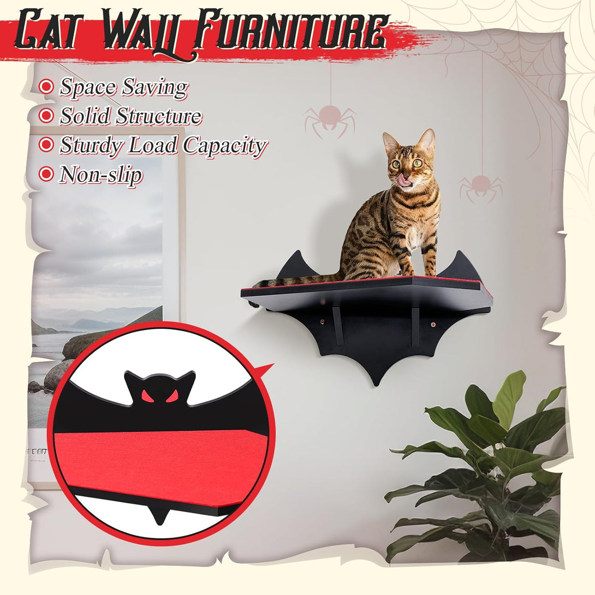 Cat Wall Mount Shelves for Indoor, Gothic Bat Floating Shelf with Coffin Bed Cat Wall Tree Can Load