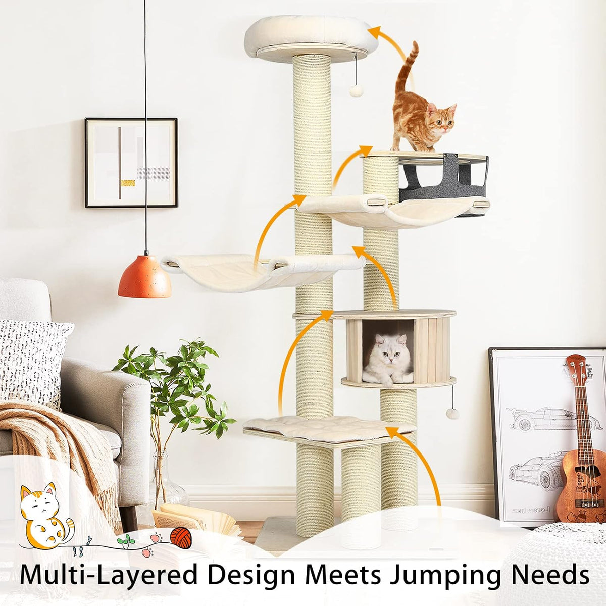 Tangkula Large Cat Tree, Multi-Level Tall Cat Tower with Sisal Scratching Posts, Hammocks, Hanging