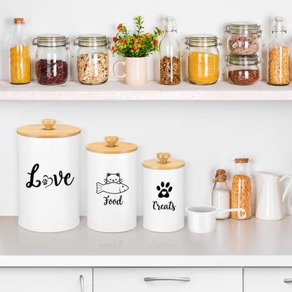 Metal Airtight Cat Treat Container Set of 3 with Bamboo Lids and Spoon Cat Food Storage Container