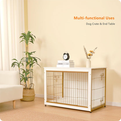 DWANTON Dog Crate Furniture with Cushion, Wooden Kennel Table with Double Doors, Indoor Dog House