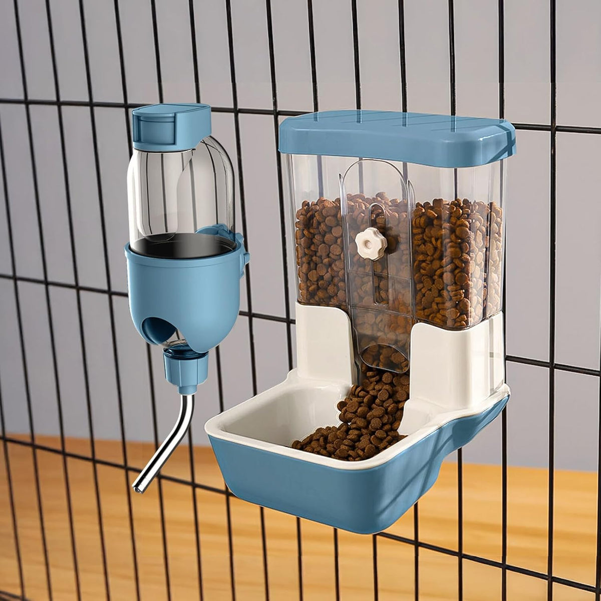 Automatic Pet Food Water Dispenser, Auto Gravity Pet Feeder Water Bottle Set for Crate Cage