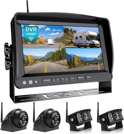 Fookoo HD 1080P 9" Wireless Backup Camera System, 9-inch Quad Split Screen Monitor w/Recording