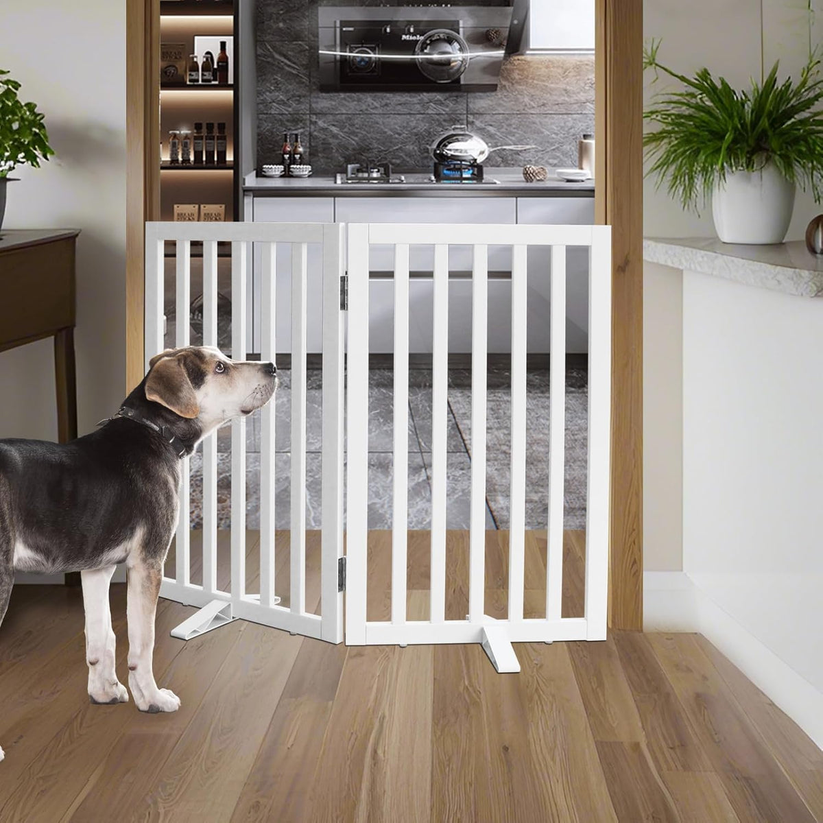 ZJSF Freestanding Indoor Dog Gate for House Foldable Wood White Puppy Gate for Doorways Pet Gate