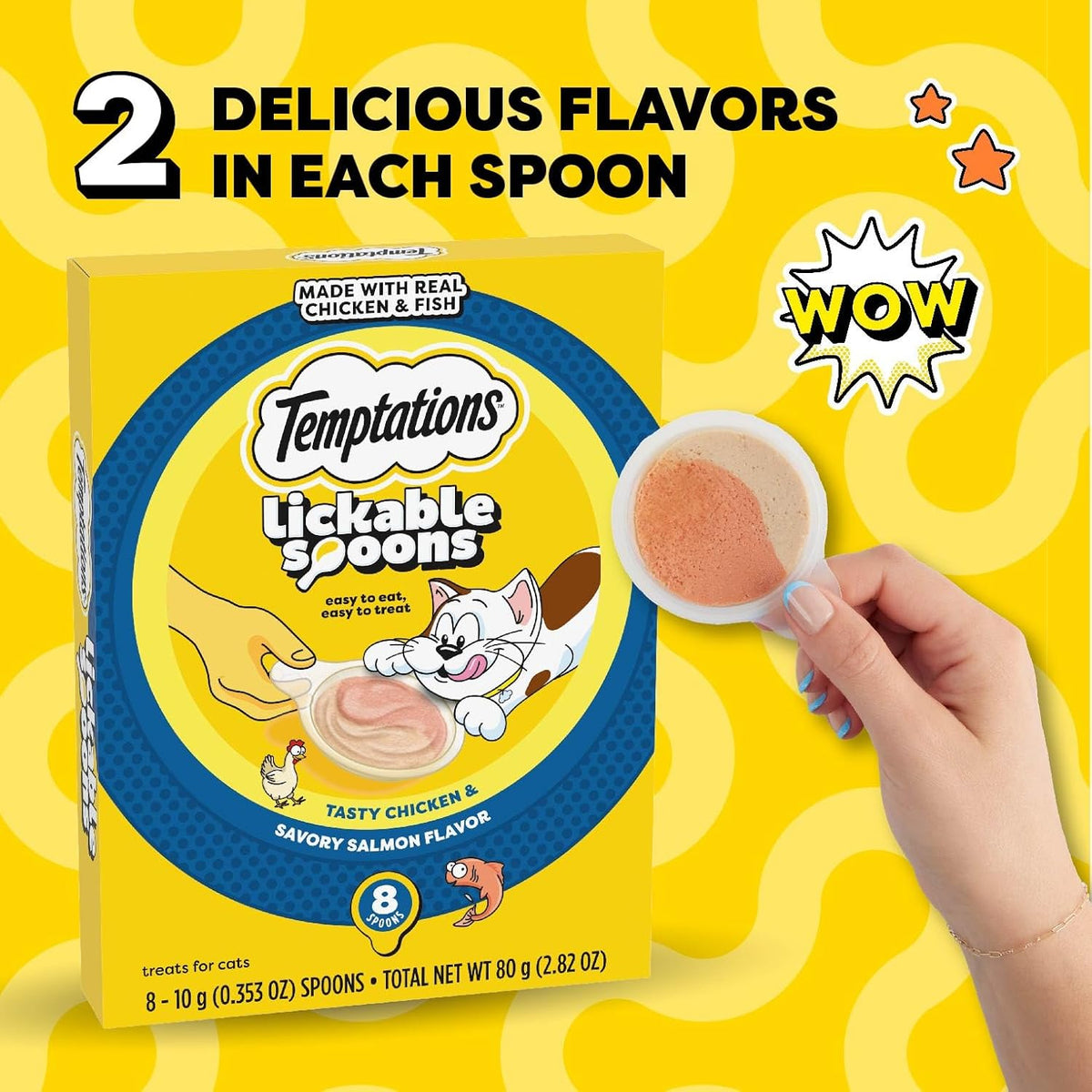 Temptations Lickable Spoons Adult Wet Cat Treat, Tasty Chicken and Savory Salmon Flavor, 8 Spoons