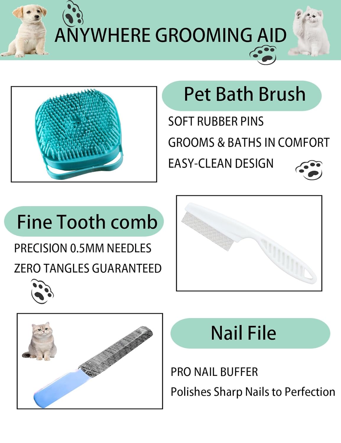 6ps Dog Cat Brush Grooming Kitf, Dog Cat Brushes, Bath Brush, Dematting Rake and Comb, Nail