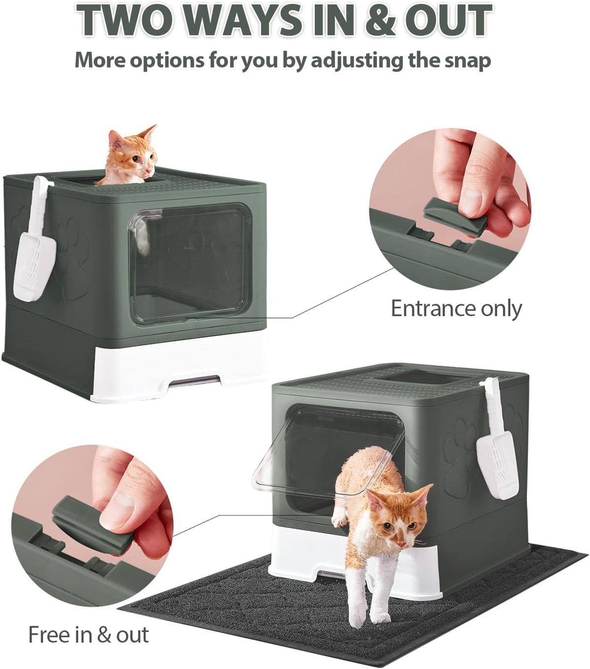 Cat Litter Box with X-Large Litter Mat and Scoop, Large Foldable Litter Box with Lid, Enclosed