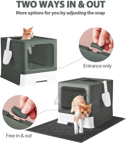 Cat Litter Box with X-Large Litter Mat and Scoop, Large Foldable Litter Box with Lid, Enclosed