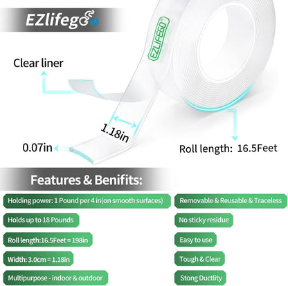 EZlifego Double Sided Tape Heavy Duty(Extra Large 16.5FT), Nano Adhesive Mounting Tape Wall