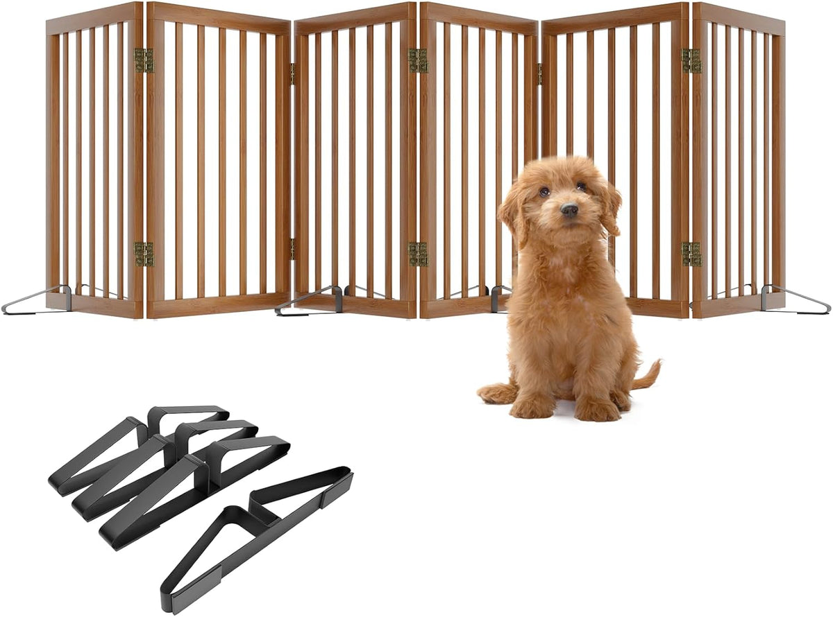 Freestanding Pet Gate Foldable Dog Gate (110 inches Wide) Walnut Bamboo Dog Gates for Stair