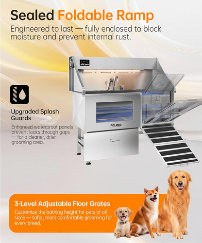 polimo Dog Washing Station with Dryer & LED, Professional Stainless Steel Grooming Tub, Dog Bathtub