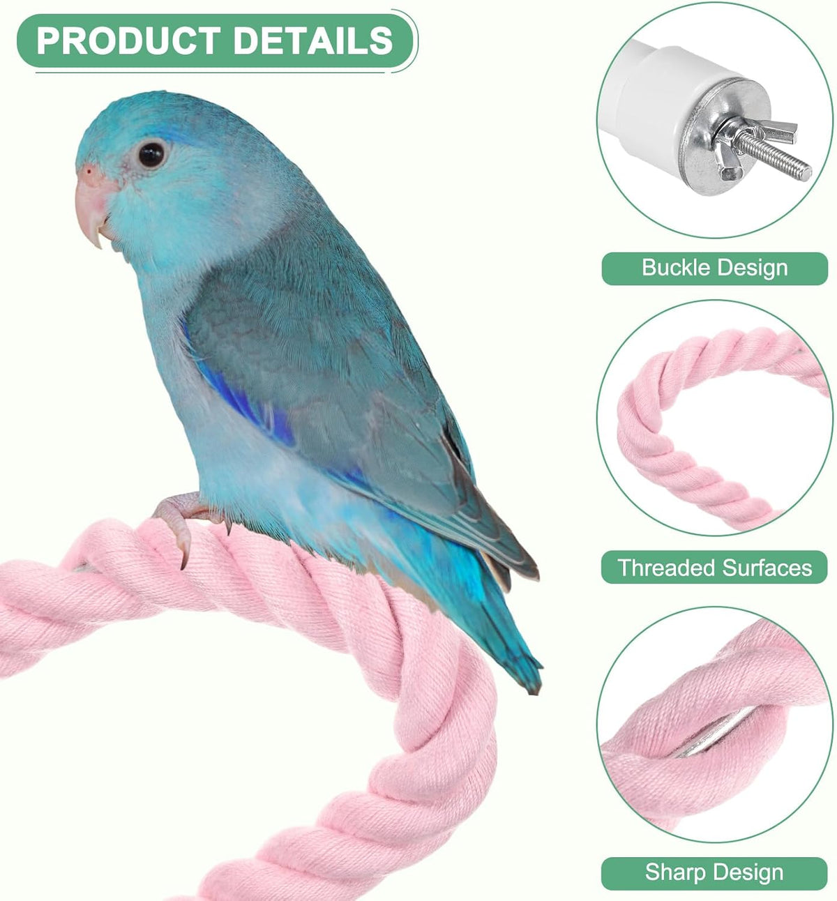 1-Pack Rope Perches for Bird Cages, 31.5 in Length Comfort Grip Flexible Rope Perch Beak & Paw