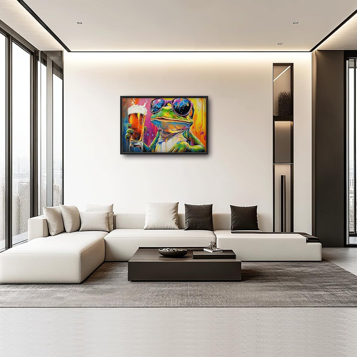 Large Graffiti Frog Wall Art for Living Room, Framed Oversized Funny Frog Beer Wall Decor Colorful