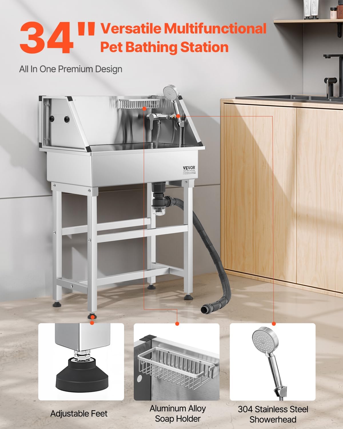 VEVOR Stainless Steel Dog Washing Station, 34 inch Pet Grooming Tub w/Faucet & Showerhead & Soap
