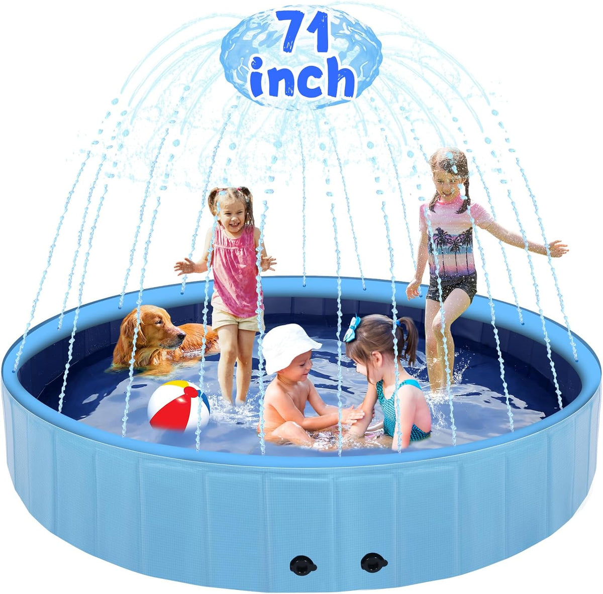 71" Large Dog Pool with Sprinkler, 2-in-1 Foldable Swimming Pool Non-Slip Hard Plastic Splash
