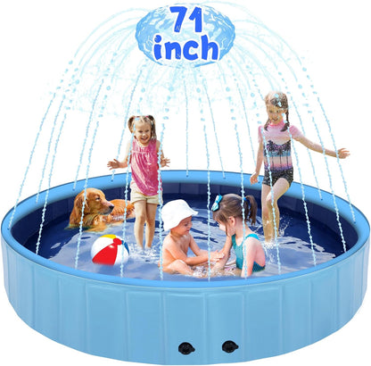 71" Large Dog Pool with Sprinkler, 2-in-1 Foldable Swimming Pool Non-Slip Hard Plastic Splash