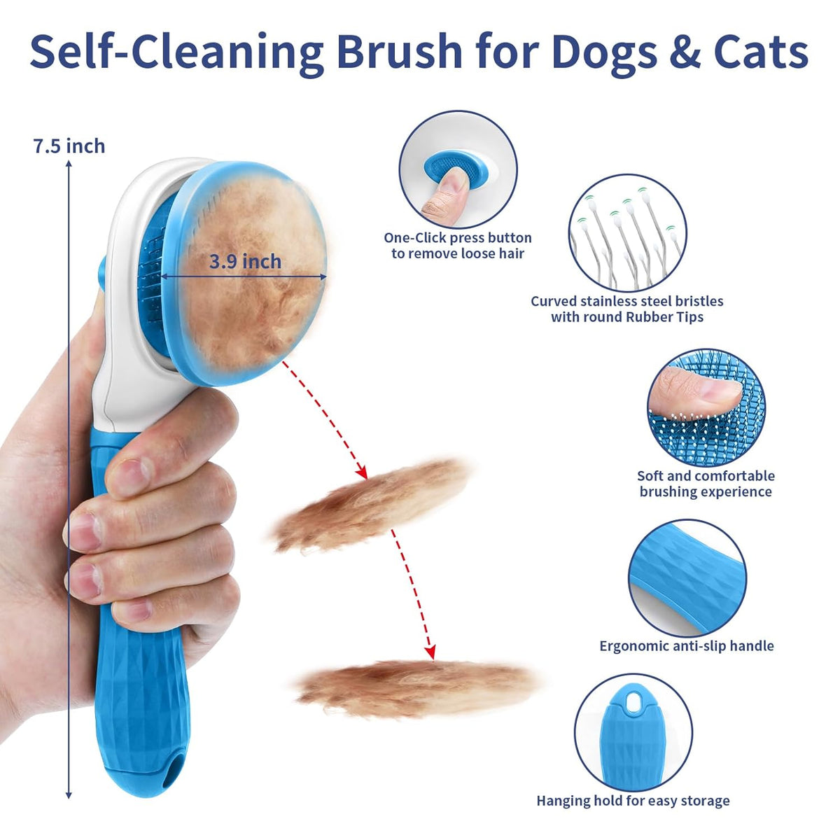 5 in 1 Dog Grooming Kit - Self-Cleaning Slicker Brush for Shedding Short Long Haired Dogs & Cats