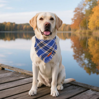 ADOGGYGO Dog Bandanas Boy with Tassels Edges, Stylish Blue Plaid Pet Scarf, Soft Cotton Fabric