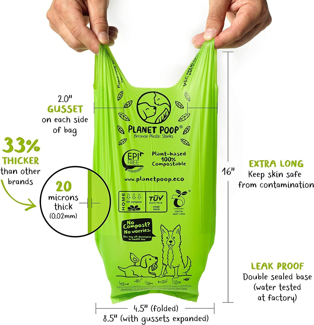 PLANET POOP Home Compostable Dog Poop Bags Extra-long with Handles 240 Un-Scented Pet Waste Bags
