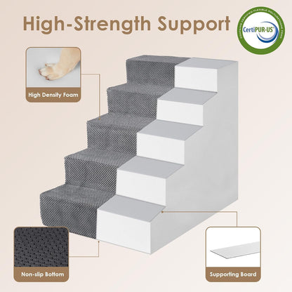 EHEYCIGA Dog Stairs for High Bed 25" H, 5-Step Extra Wide Dog Steps for Bed, Pet Steps for Small