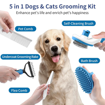 5 in 1 Dog Grooming Kit - Self-Cleaning Slicker Brush for Shedding Short Long Haired Dogs & Cats